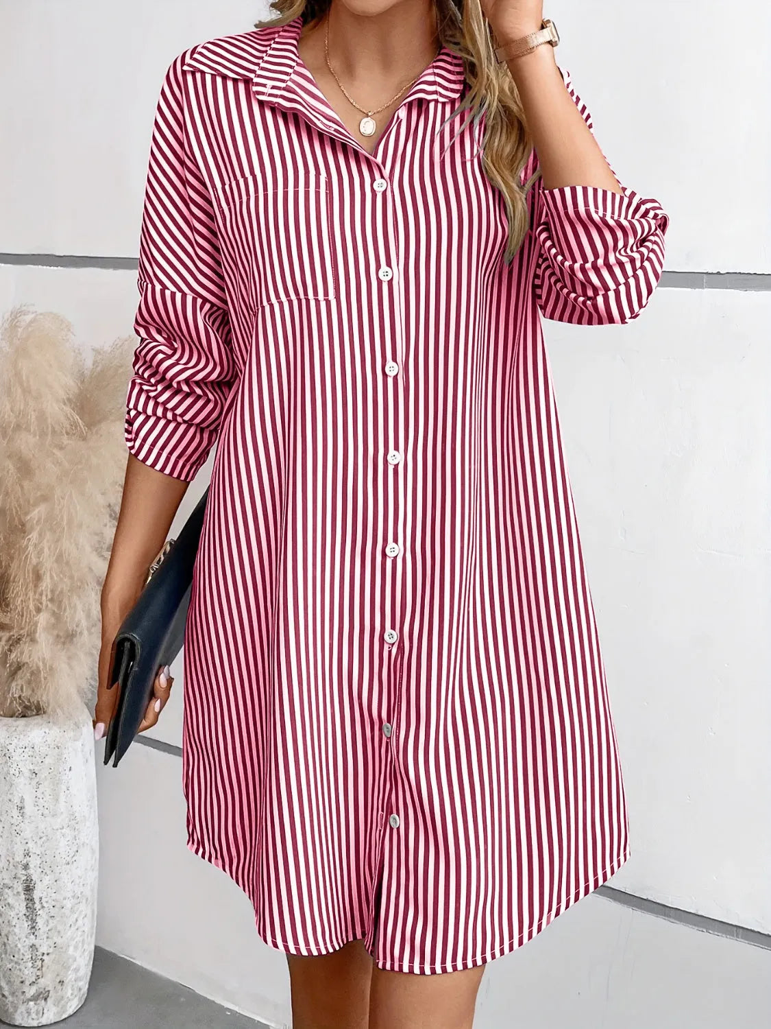 Striped Button Up Long Sleeve Mini Shirt Dress Casual Dresses - Tophatter Daily Deals