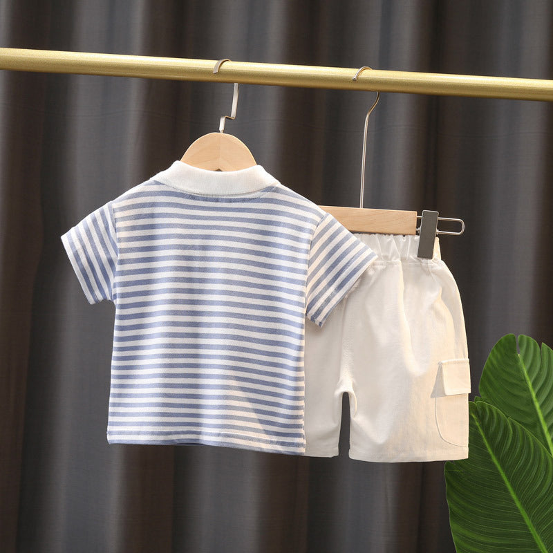 Boys' Summer Cute Stripes Solid Color Short-sleeved Shorts Two-piece Set 0 - Tophatter Daily Deals