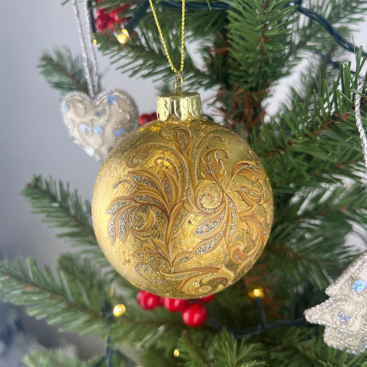 Gold Rococo Christmas Bauble | Baroque Christmas Tree Hanging Ornament - 8cm Baubles - Tophatter Daily Deals