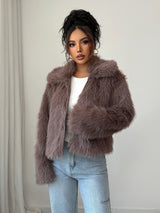 Warm Cozy Women’s Overcoat - Boxy Hip, Faux Fur, Winter Red Coffee Color 3D Changing Face Moving Picture Frame - Tophatter Daily Deals