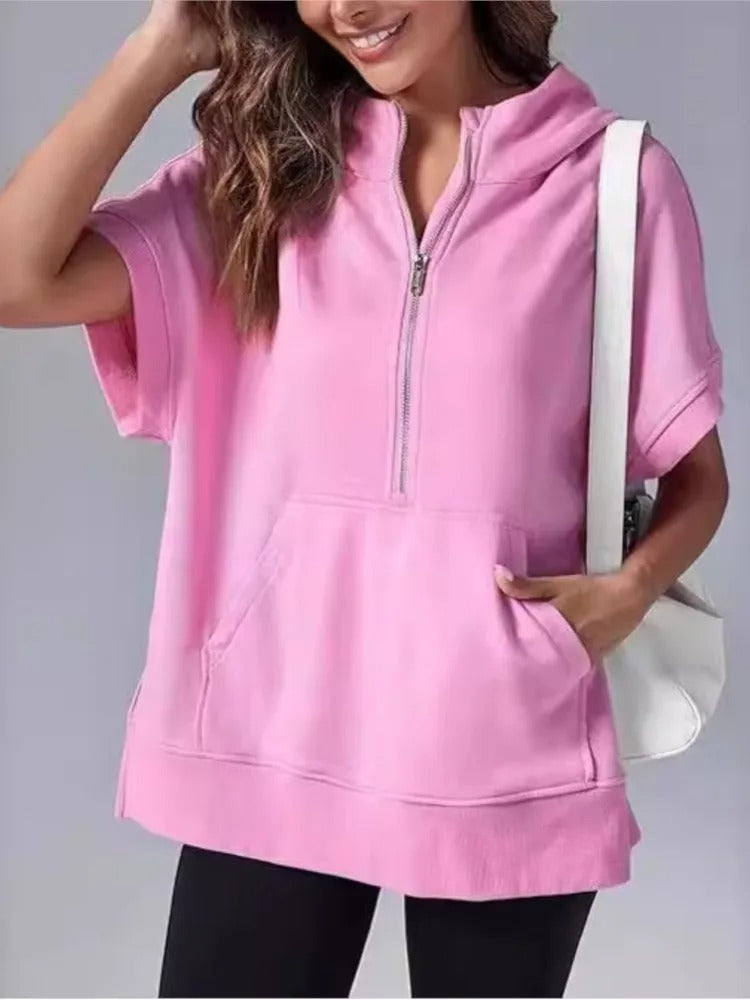 Lightweight Women's Short Sleeve Hoodie - Oversized Knit Pink - Tophatter Daily Deals