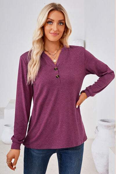 Notched Button Detail Long Sleeve T-Shirt Magenta Women's T-Shirts - Tophatter Daily Deals