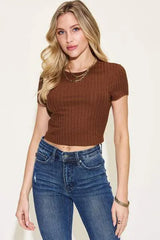 Basic Bae Full Size Ribbed Round Neck Short Sleeve T-Shirt Burnt Umber Women's T-Shirts - Tophatter Daily Deals