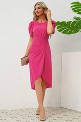 Slit Ruched Round Neck Puff Sleeve Dress Deep Rose Casual Dresses - Tophatter Daily Deals