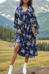 Printed Notched Lantern Sleeve Midi Dress Navy Casual Dresses - Tophatter Daily Deals