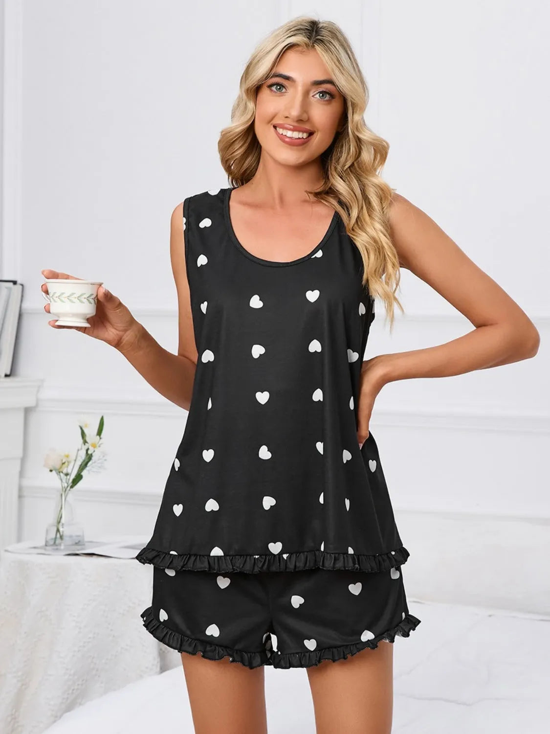 Heart Scoop Neck Tank and Shorts Lounge Set Black Loungewear Sets - Tophatter Daily Deals