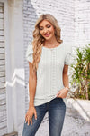 Eyelet Round Neck Petal Sleeve T-Shirt White Women's T-Shirts - Tophatter Daily Deals