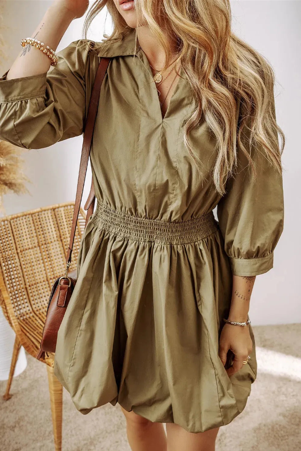 Johnny Collar Three-Quarter Sleeve Dress Casual Dresses - Tophatter Daily Deals