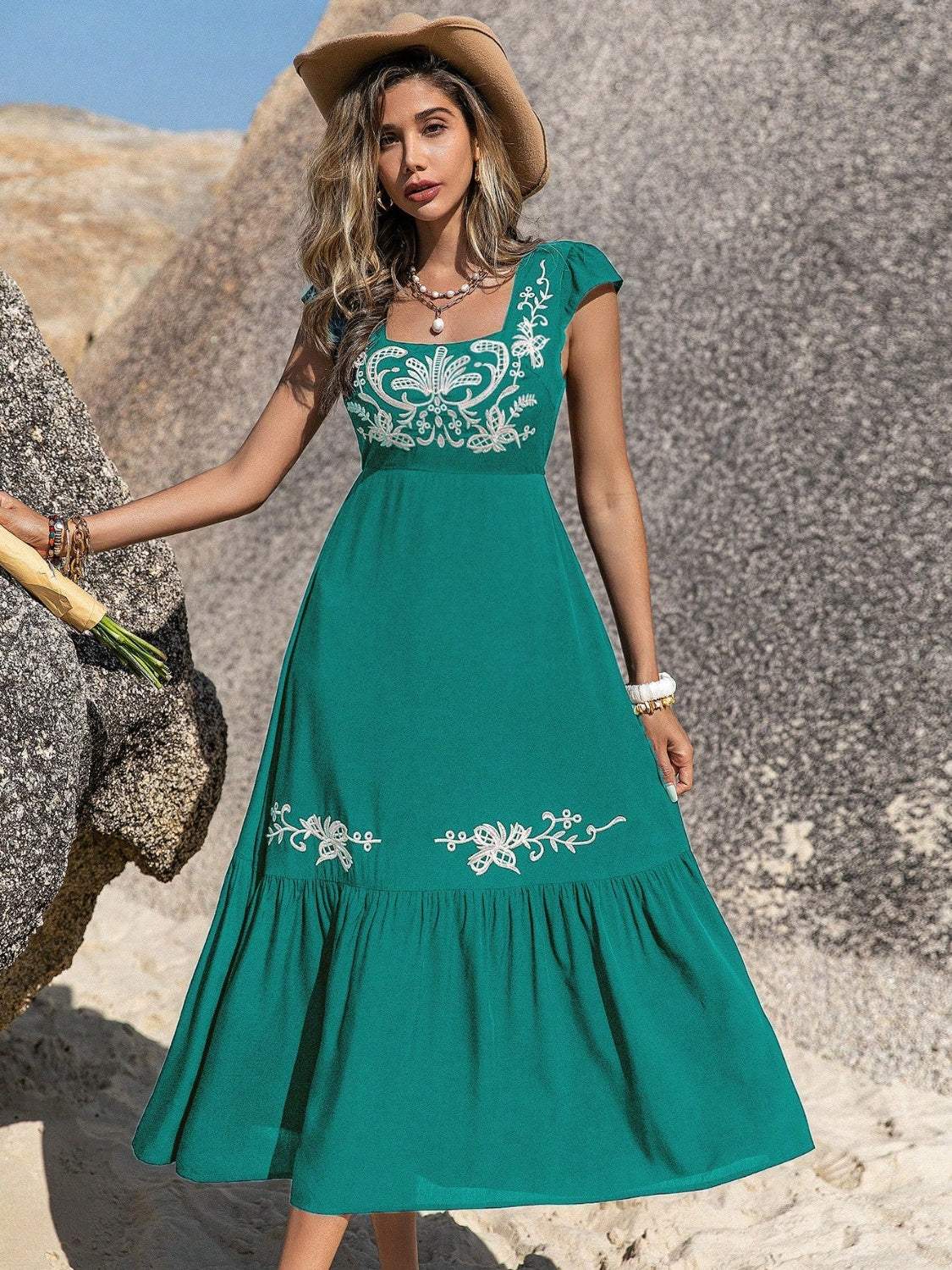 Embroidered Square Neck Cap Sleeve Dress Turquoise Casual Dresses - Tophatter Daily Deals