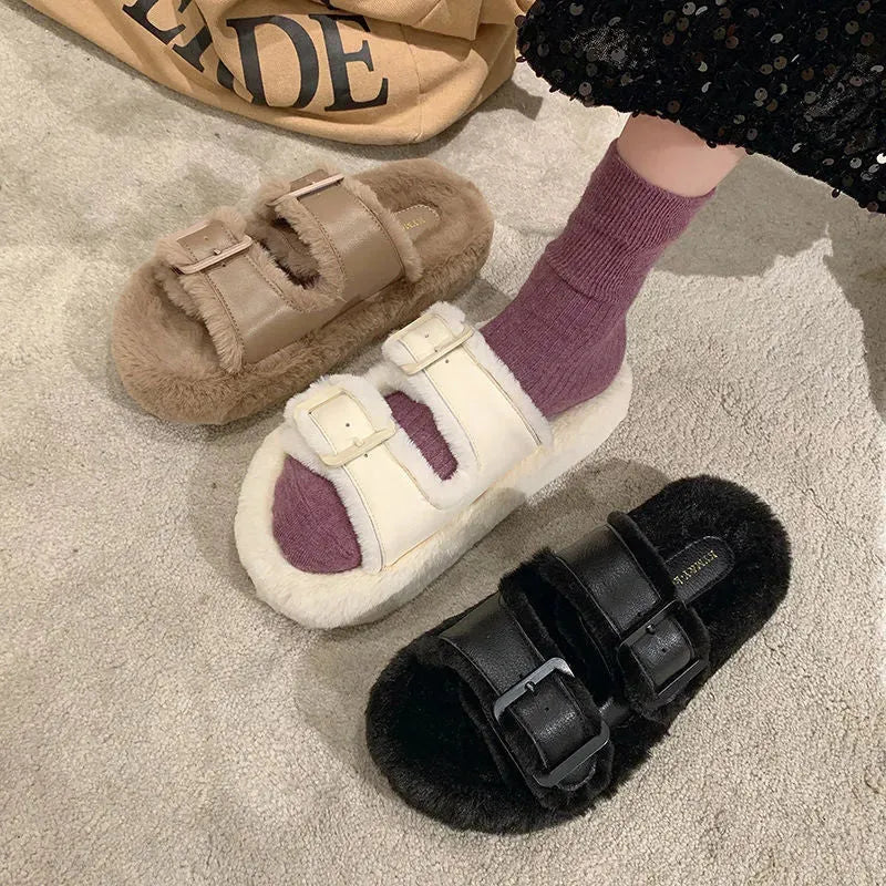 Women's Fashion All-match Furry Fleece-lined Belt Buckle Cotton Slippers Humidifier - Tophatter Daily Deals
