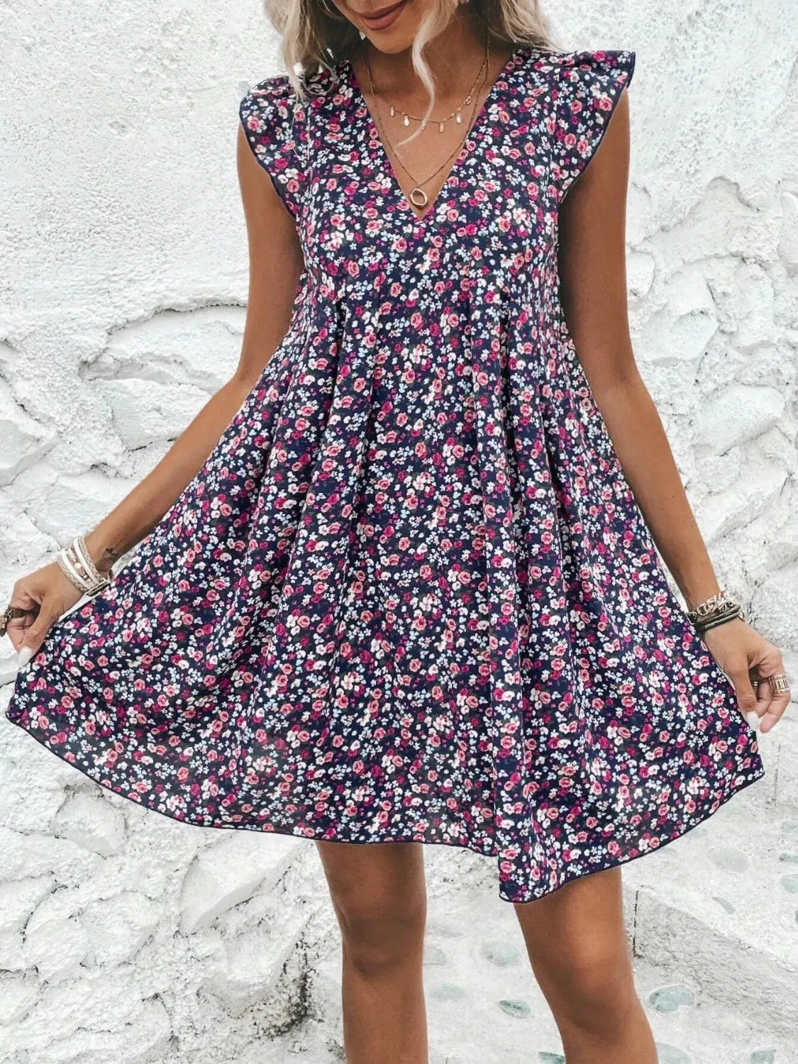 Printed V-Neck Cap Sleeve Mini Dress Casual Dresses - Tophatter Daily Deals