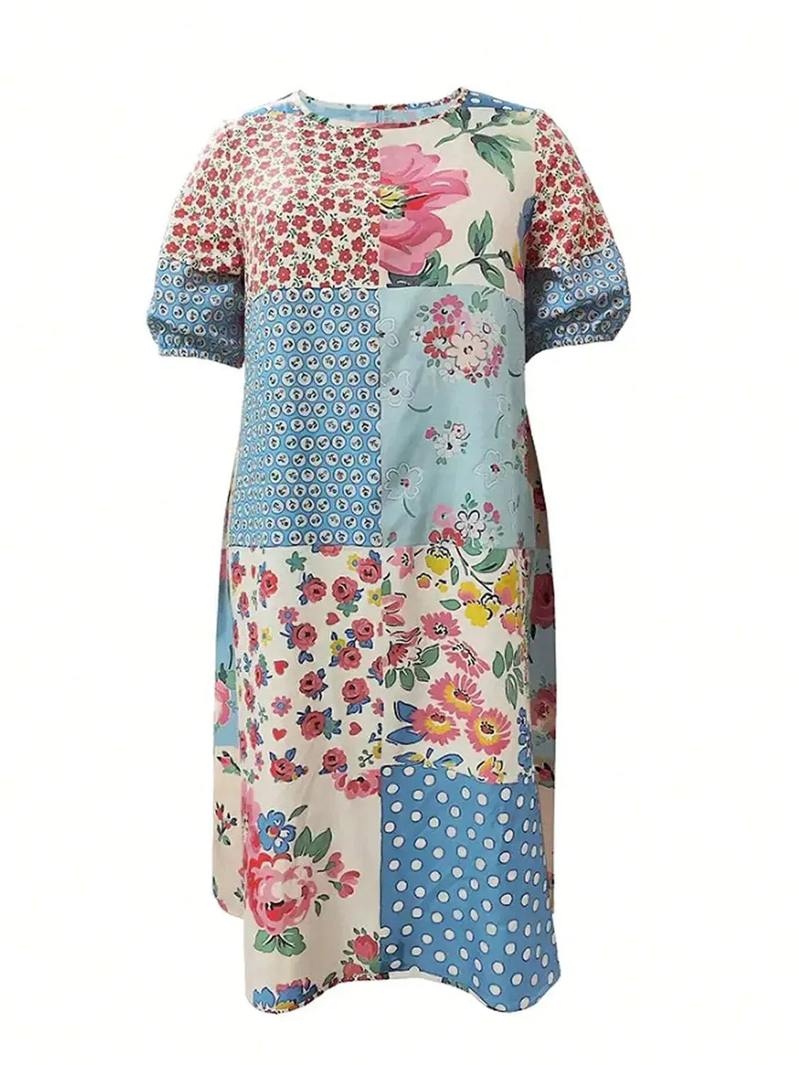 Patchwork Printed Round Neck Midi Dress Casual Dresses - Tophatter Daily Deals