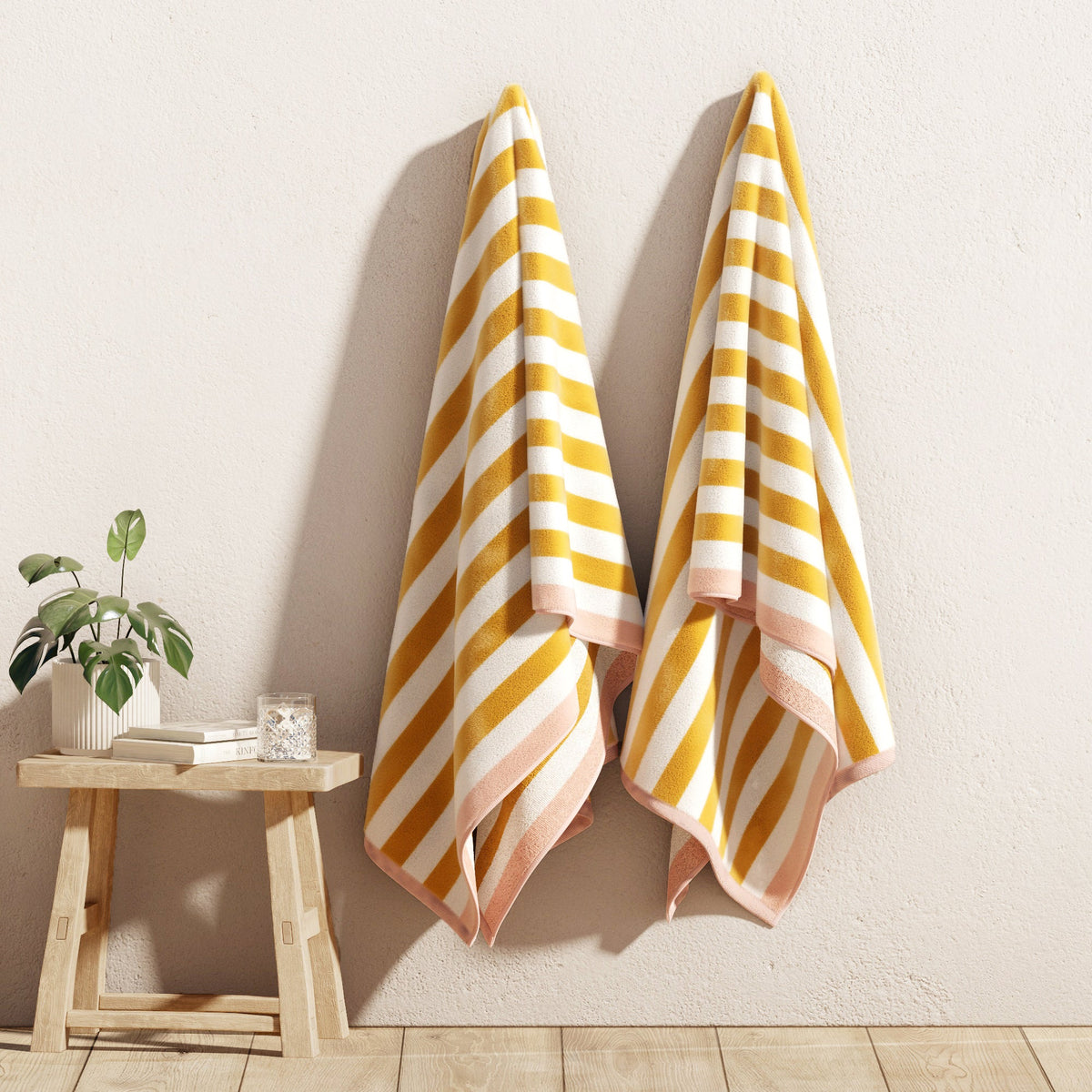 Oversized Striped Border Cabana Beach Towel - Santa Cruz 2 Pack- 35" x 70" Marigold Dusty Rose Bath - Tophatter Daily Deals