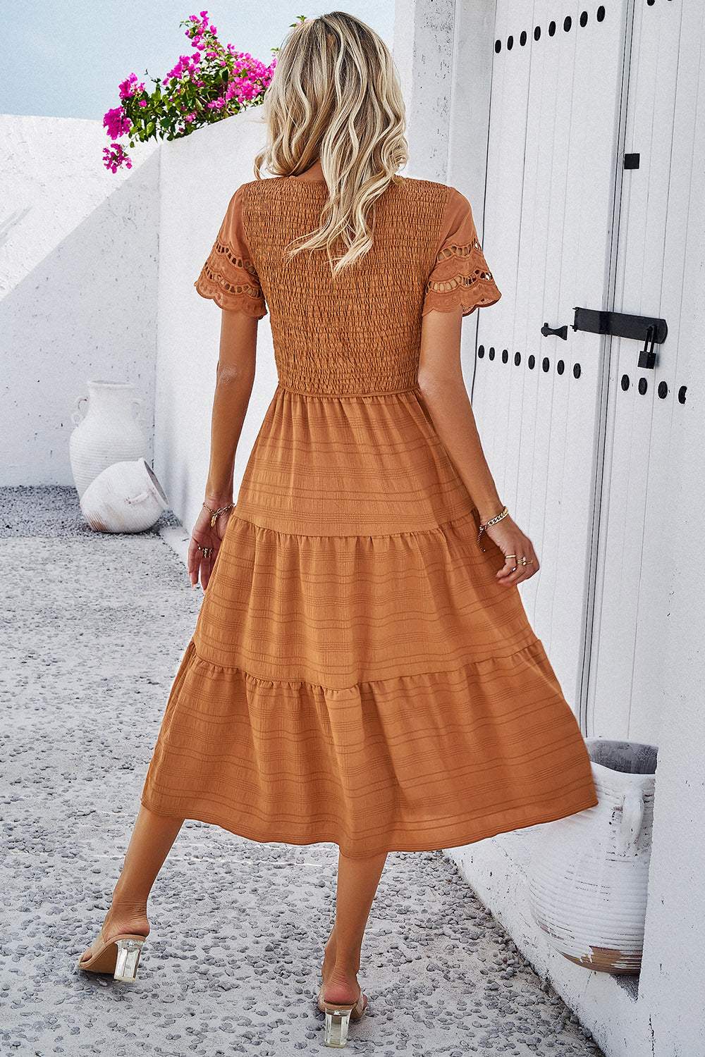 Smocked Round Neck Short Sleeve Midi Dress Casual Dresses - Tophatter Daily Deals