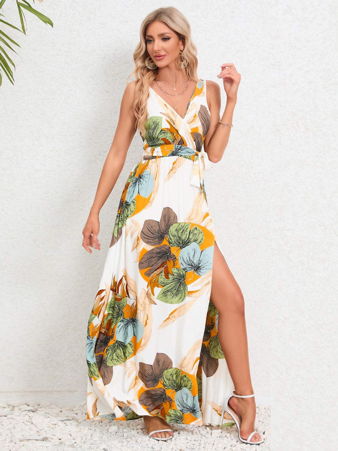 Slit Tied Printed Surplice Dress White Casual Dresses - Tophatter Daily Deals