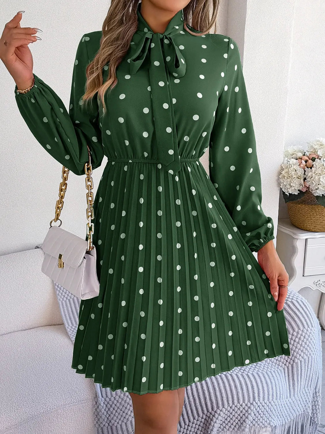 Polka Dot Tie Neck Pleated Dress Casual Dresses - Tophatter Daily Deals