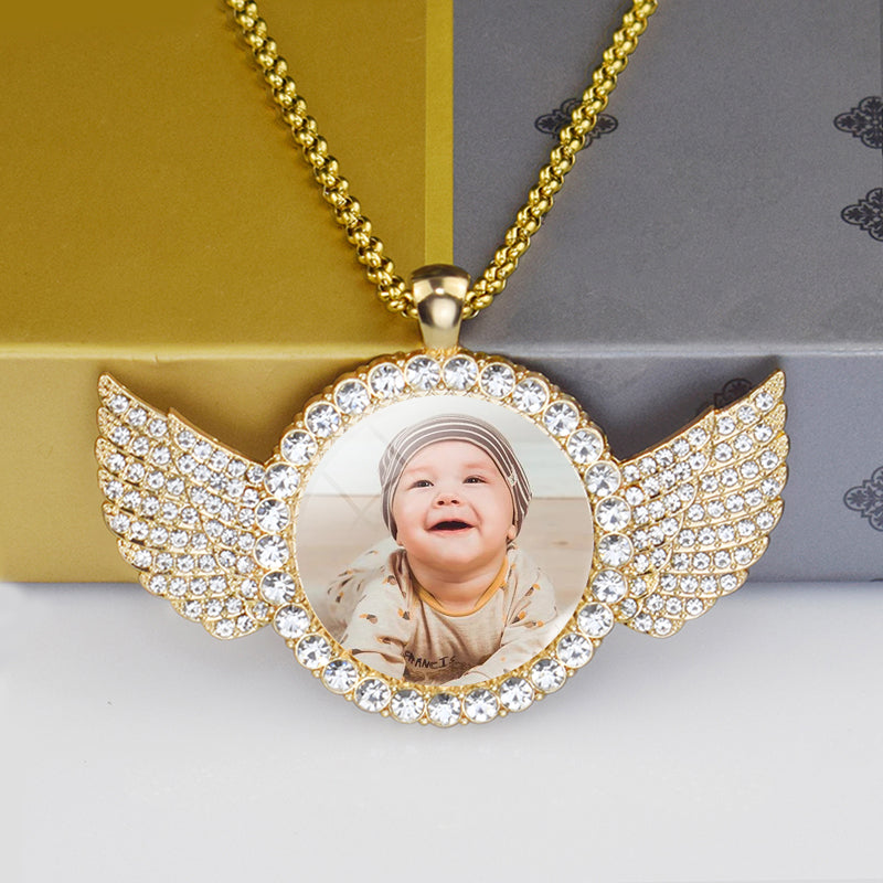 Angel Wings Medallions Custom Photo Pendant Necklace For Men Hip Hop Jewelry Iced Out Pendant Custom Engraved Name Memory Gift 7 - Tophatter Daily Deals