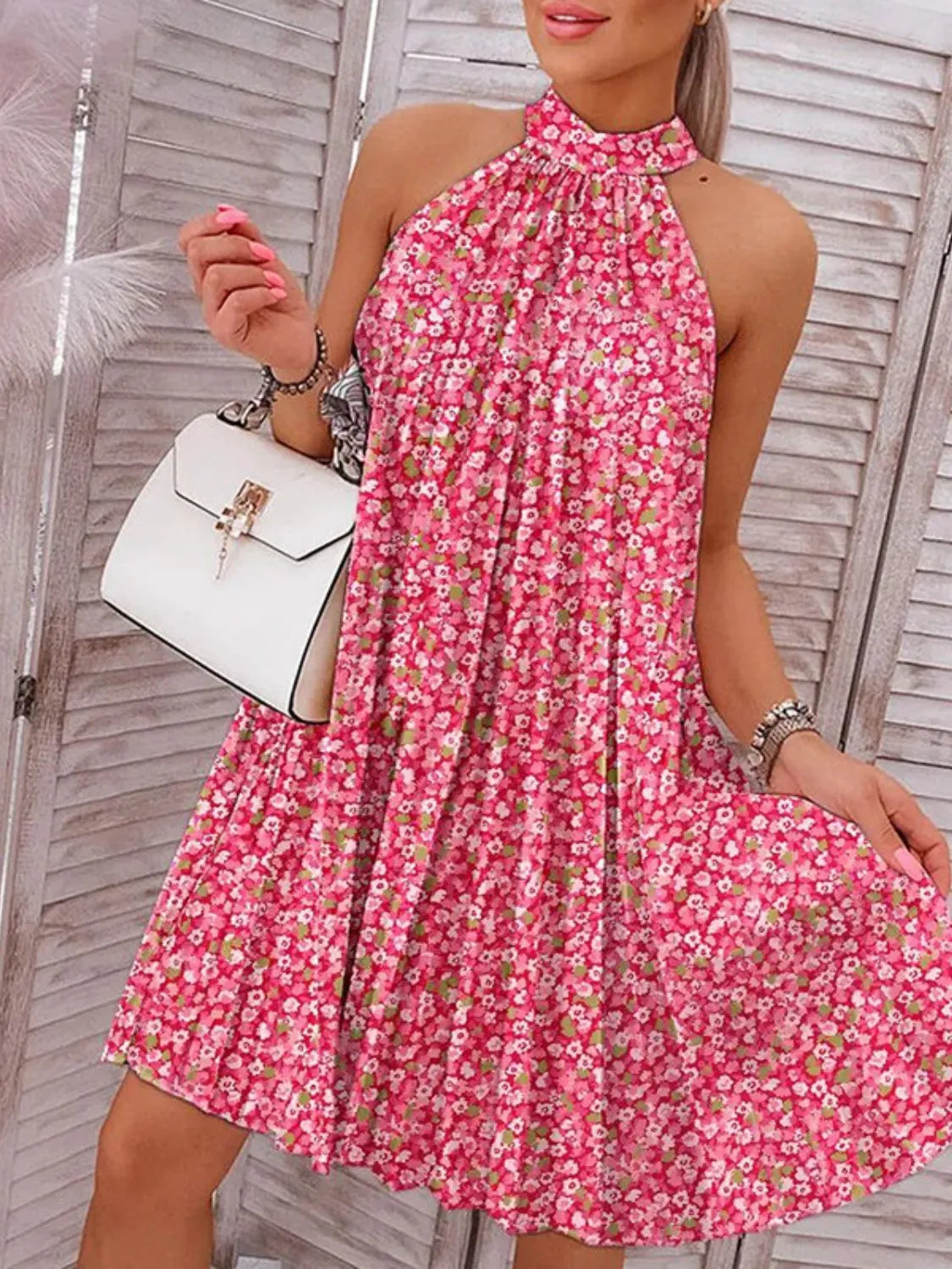 Printed Mock Neck Sleeveless Dress Deep Rose Casual Dresses - Tophatter Daily Deals