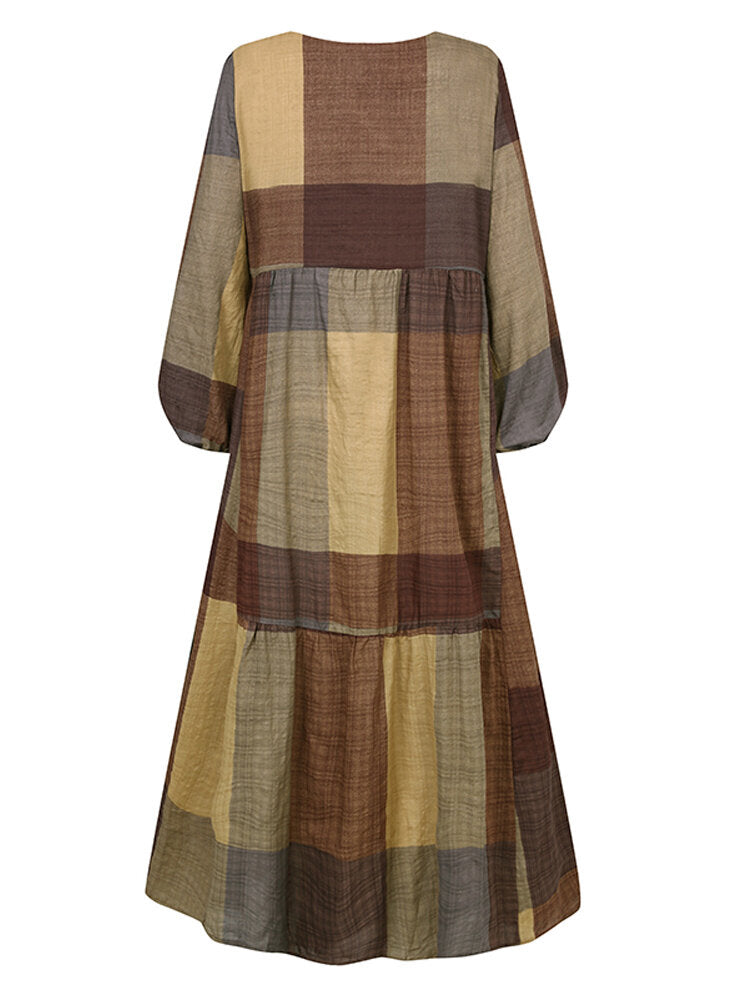 Casual Plaid Notch Neck Long Sleeve Vintage Pocket Women Maxi Dress Maxi Dresses - Tophatter Daily Deals