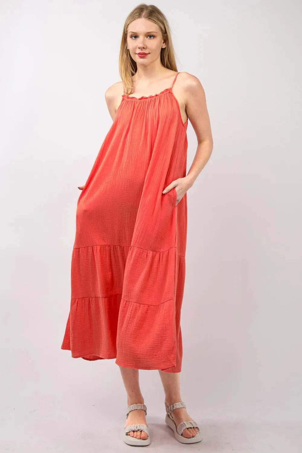 VERY J Ruffled A-Line Midi Cami Dress Casual Dresses - Tophatter Daily Deals
