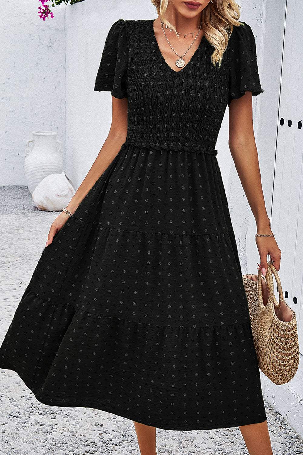 Swiss Dot Short Sleeve Smocked Dress Black Casual Dresses - Tophatter Daily Deals