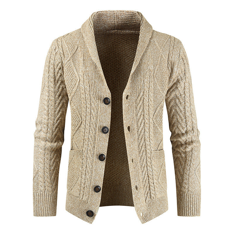 Warm Textured Mens Cardigan - Shawl V Neck, Cable Knit Khaki 3D Changing Face Moving Picture Frame - Tophatter Daily Deals
