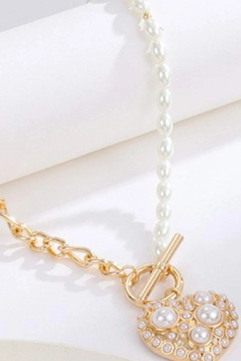 Heart Pendant Half Chain Half Pearl Necklace Necklaces - Tophatter Daily Deals