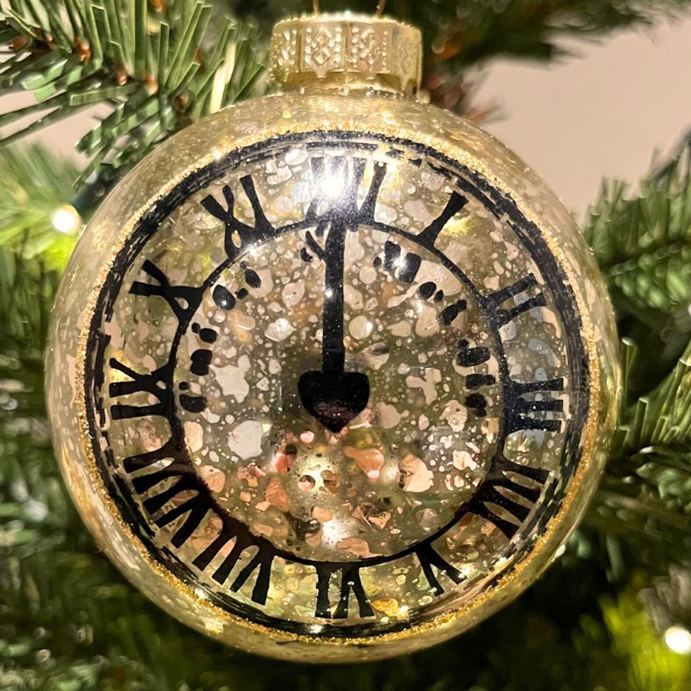 Silver & Gold Clock Bauble | Mottled Glass Christmas Tree Hanging Ornament - 8cm Baubles - Tophatter Daily Deals