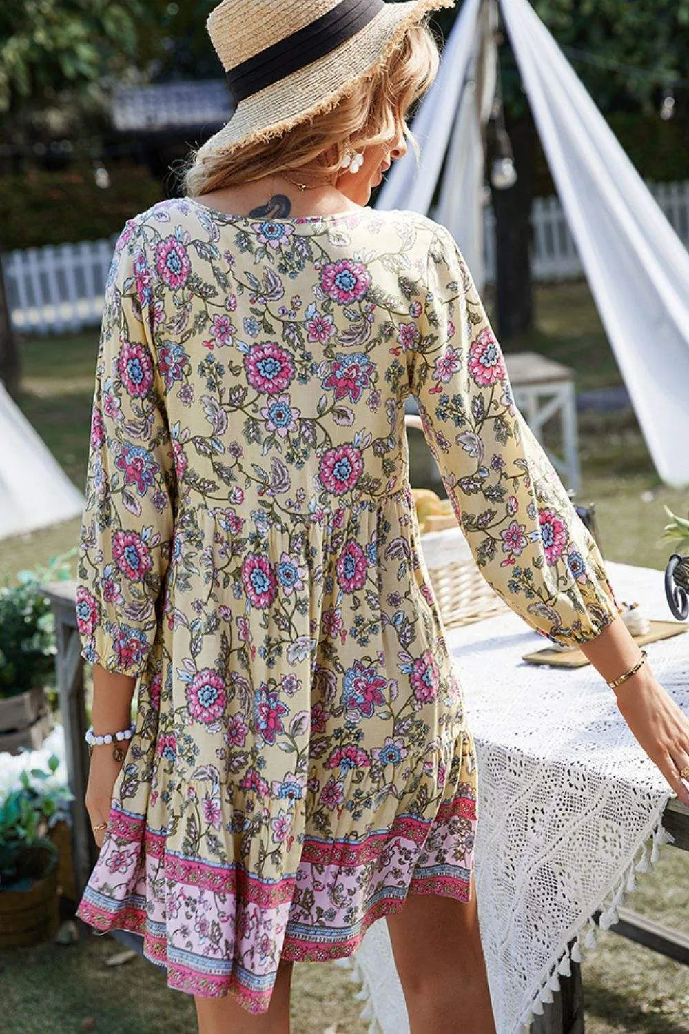 Floral Tied Balloon Sleeve Mini Dress Casual Dresses - Tophatter Daily Deals