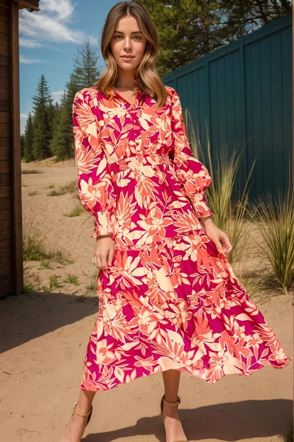 Printed Collared Neck Long Sleeve Dress Casual Dresses - Tophatter Daily Deals
