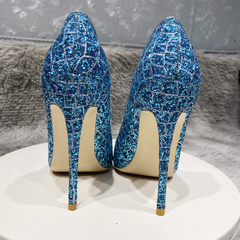 Blue Sequined High Heel Wedding Shoes Everyday New blue sequins 12cm 0 - Tophatter Daily Deals