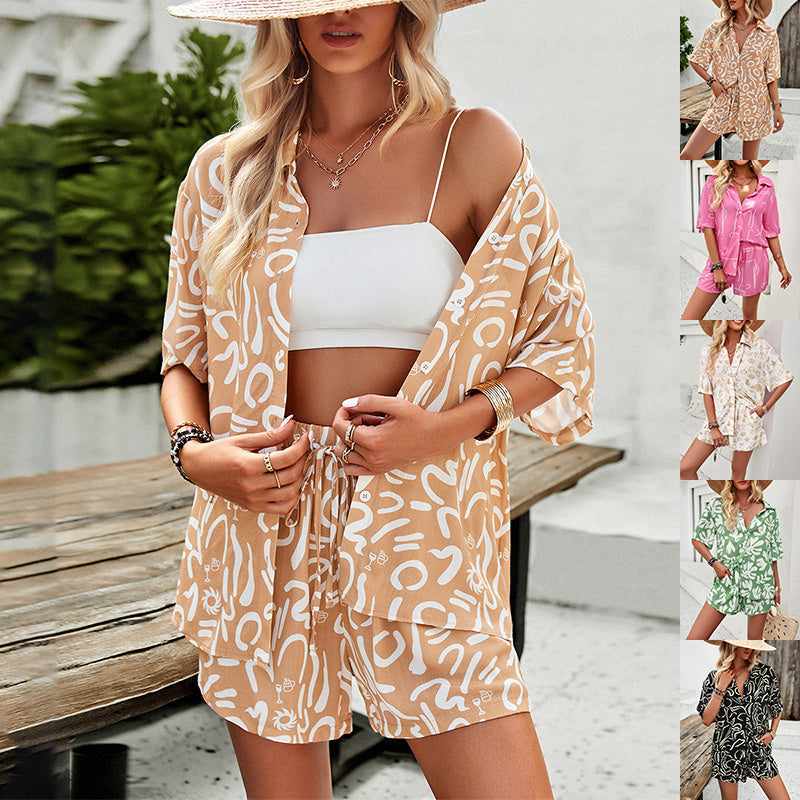 2Pcs Casual Printed Suits Short-sleeved Shirt And Drawstring Shorts Summer Fashion Womens Clothing 4 - Tophatter Daily Deals