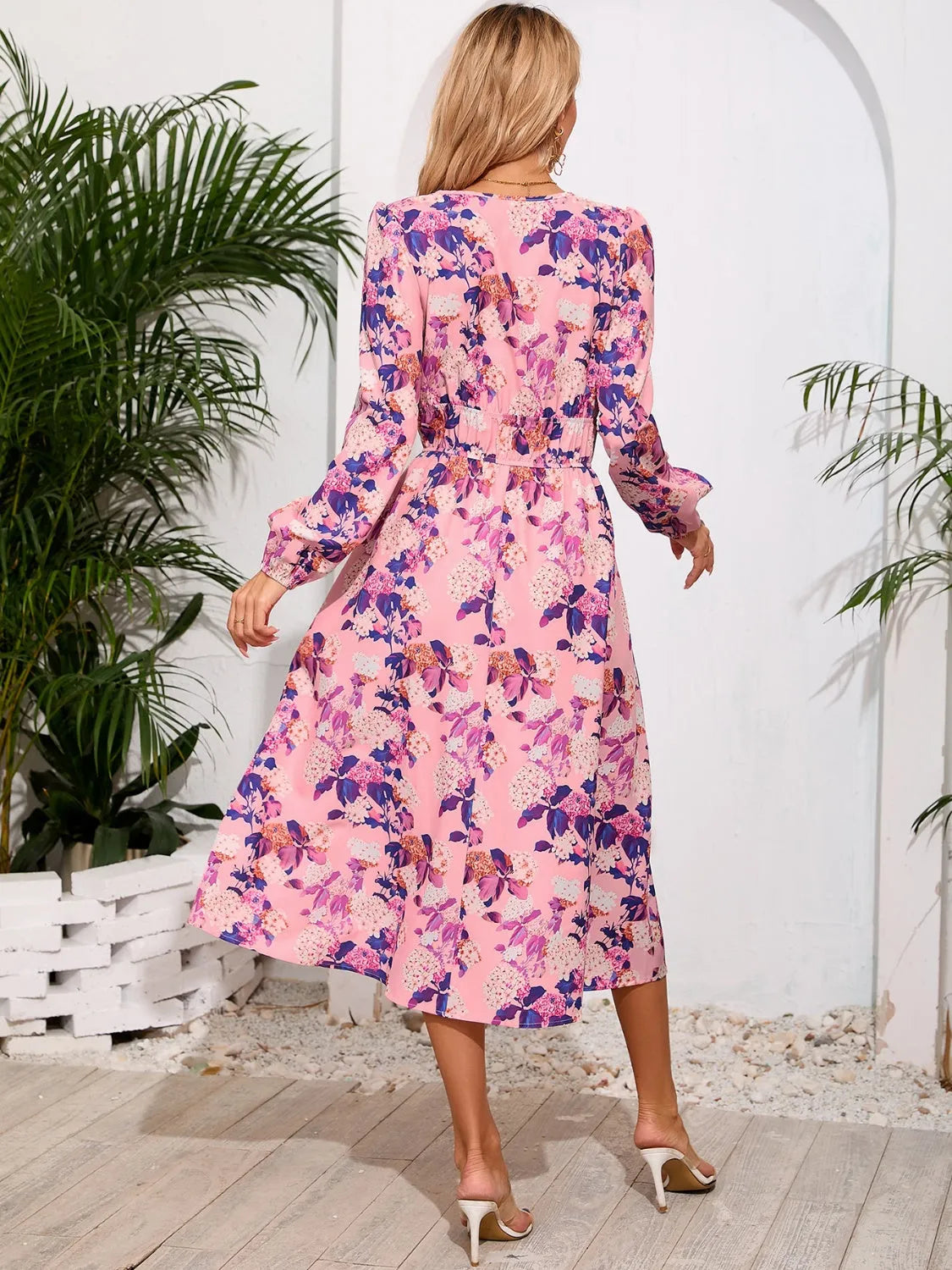 Printed Surplice Long Sleeve Midi Dress Casual Dresses - Tophatter Daily Deals