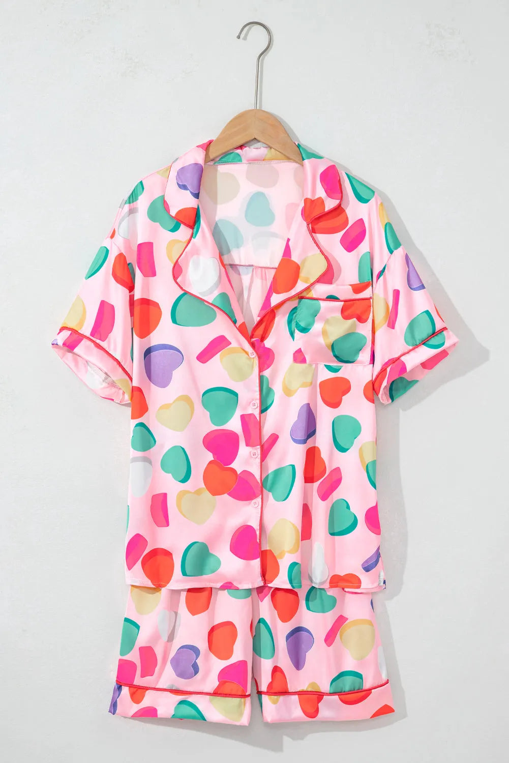 Pink Full Pattern Shirt and Shorts Satin Pajama Set Loungewear & Sleepwear/Sleepwear - Tophatter Daily Deals