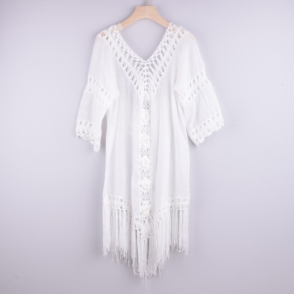 Back Hollowed Out Tassel Ins Style Beach Top White One size 0 - Tophatter Daily Deals