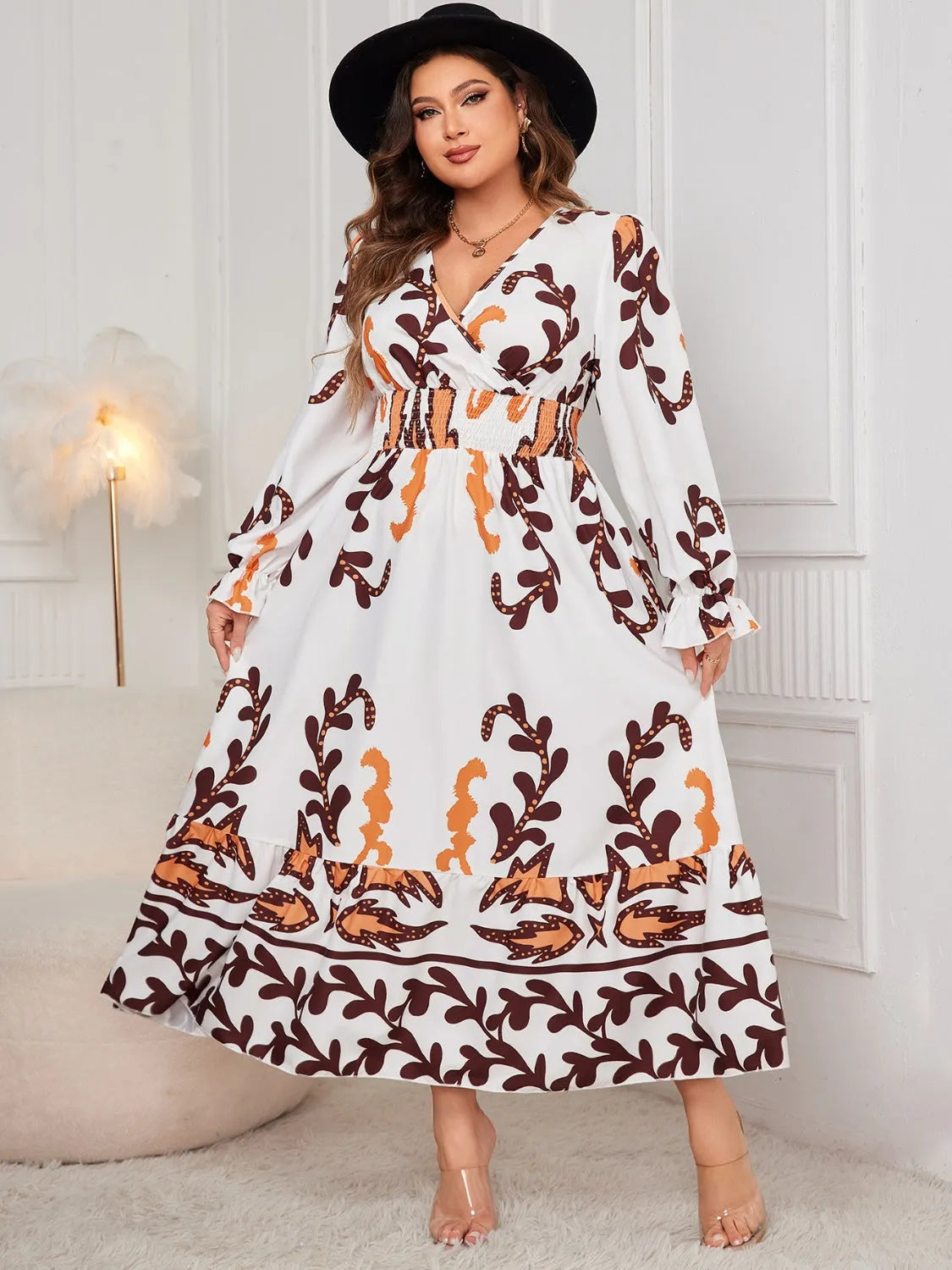 Honey Plus Size Printed Surplice Flounce Sleeve Dress Casual Dresses - Tophatter Daily Deals