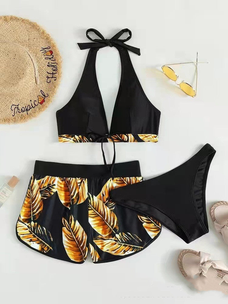3pcs Leaf Print Bikini With Shorts Fashion Summer Beach Swimsuit Womens Clothing Gold 4 - Tophatter Daily Deals