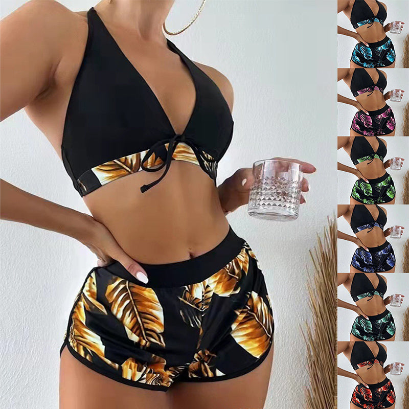 3pcs Leaf Print Bikini With Shorts Fashion Summer Beach Swimsuit Womens Clothing 4 - Tophatter Daily Deals