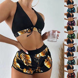 3pcs Leaf Print Bikini With Shorts Fashion Summer Beach Swimsuit Womens Clothing 4 - Tophatter Daily Deals