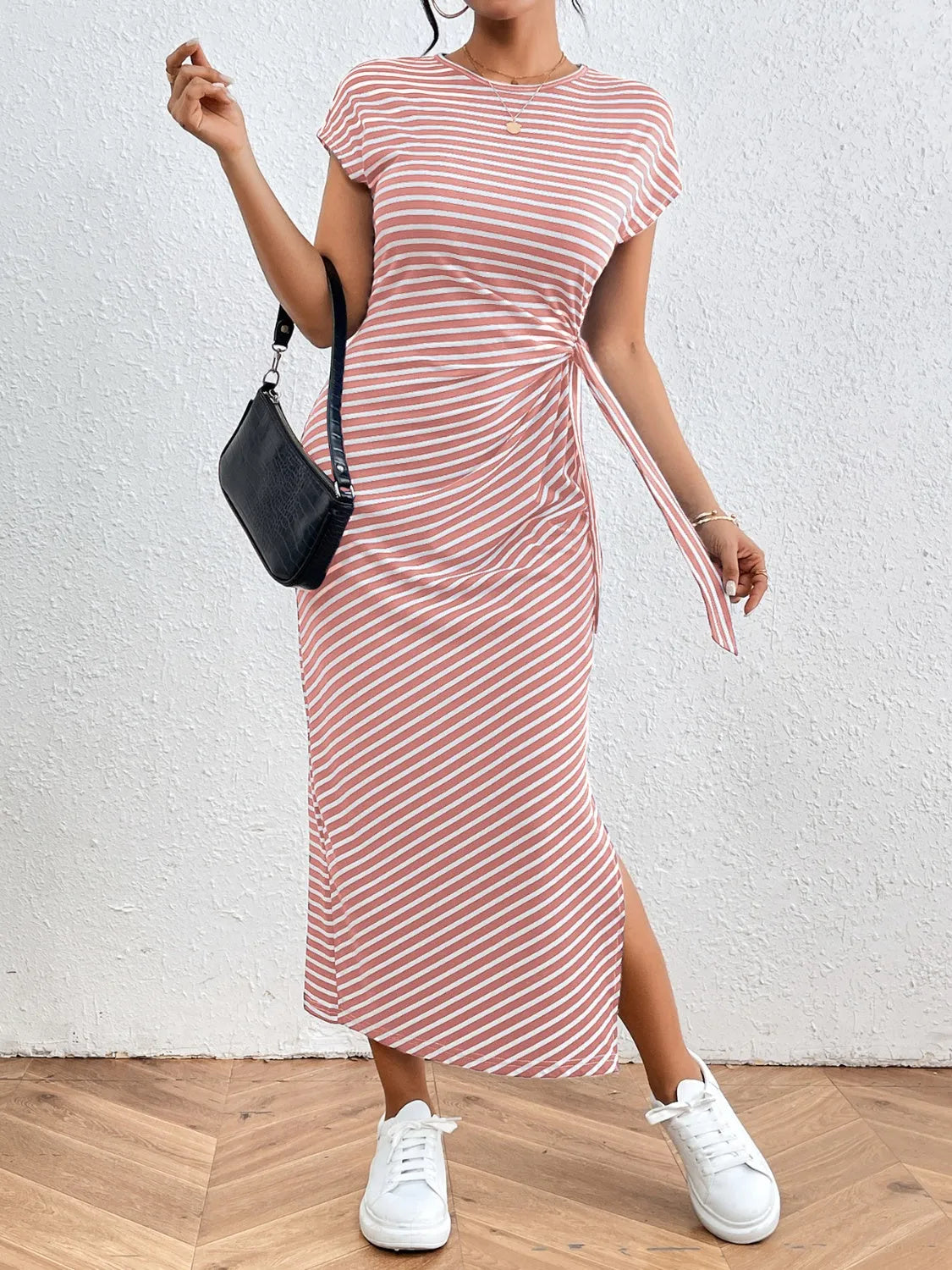 Tied Striped Round Neck Short Sleeve Tee Dress Casual Dresses - Tophatter Daily Deals