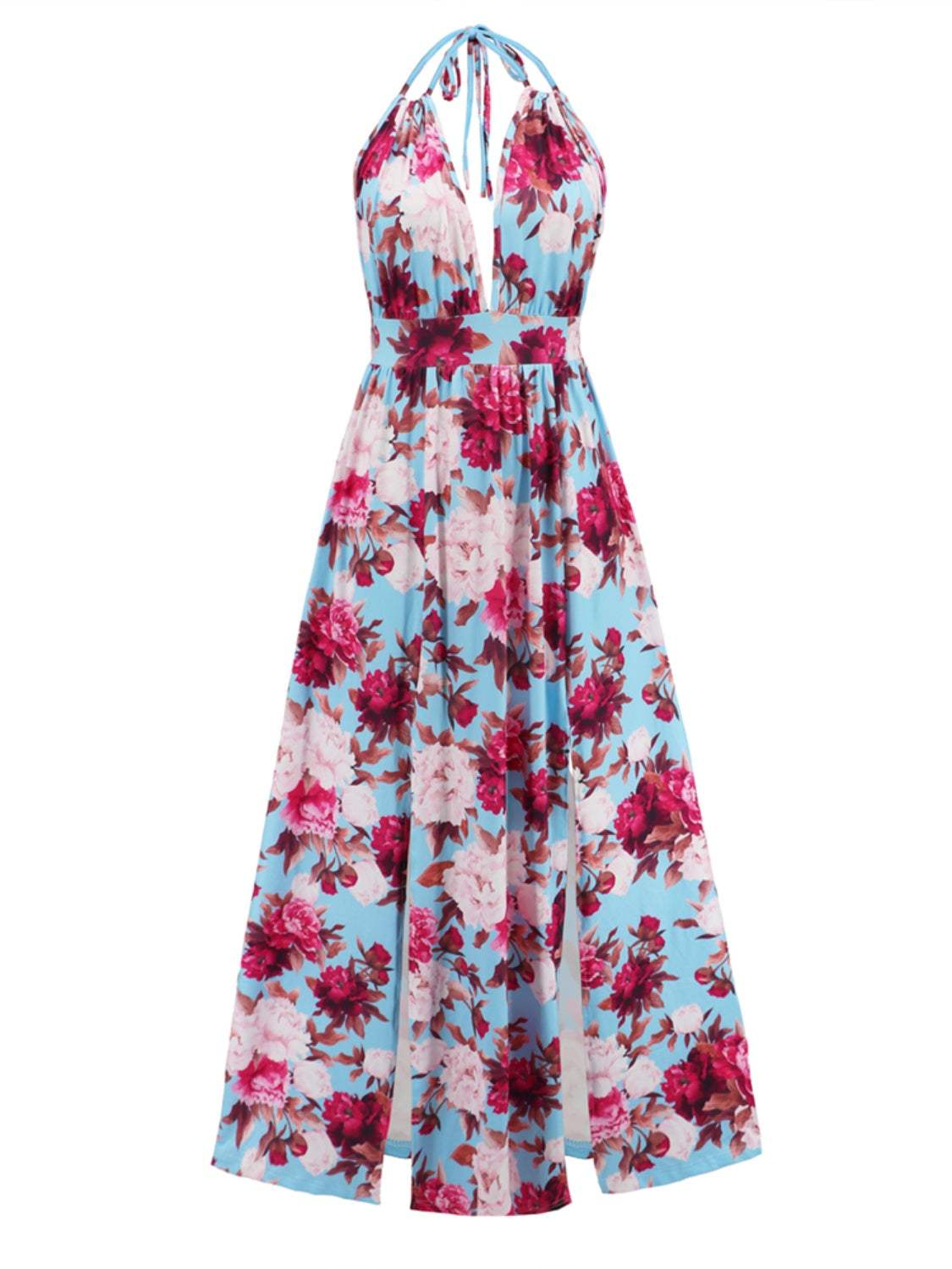 Slit Backless Printed Halter Neck Dress Casual Dresses - Tophatter Daily Deals