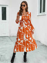Surplice Neck Long Sleeve Midi Dress Red Orange Casual Dresses - Tophatter Daily Deals