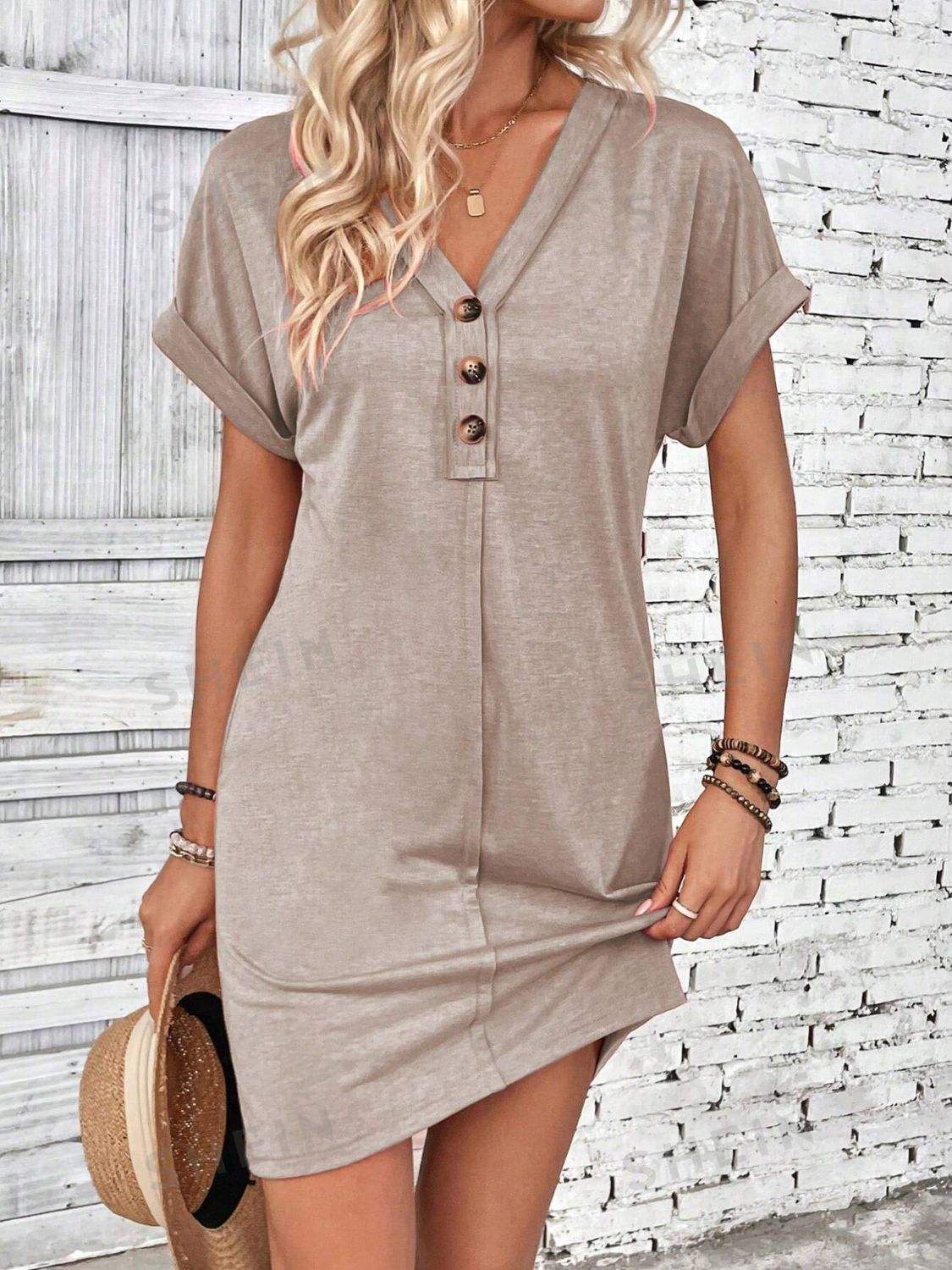 Quarter Button V-Neck Short Sleeve Dress Casual Dresses - Tophatter Daily Deals