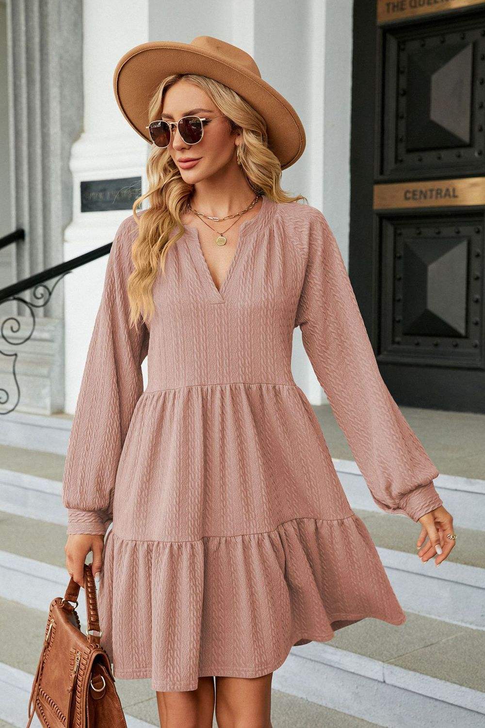 Notched Neck Long Sleeve Mini Dress Dusty Pink Casual Dresses - Tophatter Daily Deals