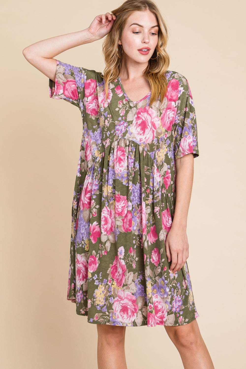 BOMBOM Flower Print V-Neck Ruched Dress Casual Dresses - Tophatter Daily Deals