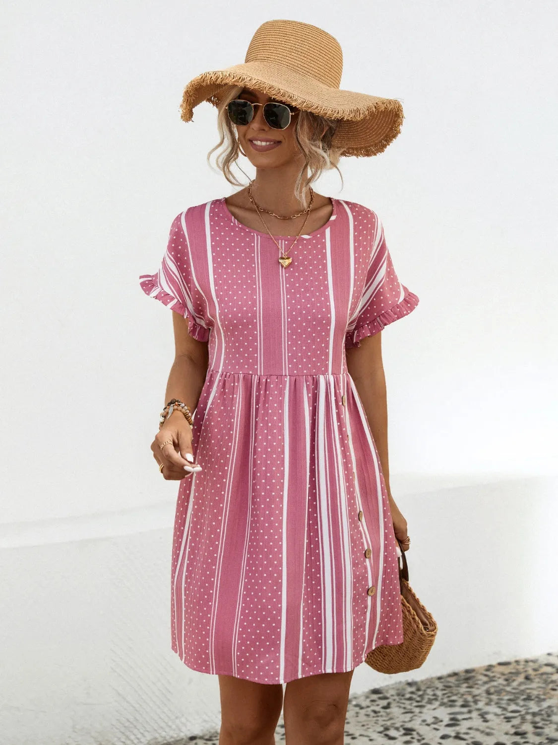 Striped Polka Dot Frill Short Sleeve Mini Dress Carnation Pink Casual Dresses - Tophatter Daily Deals