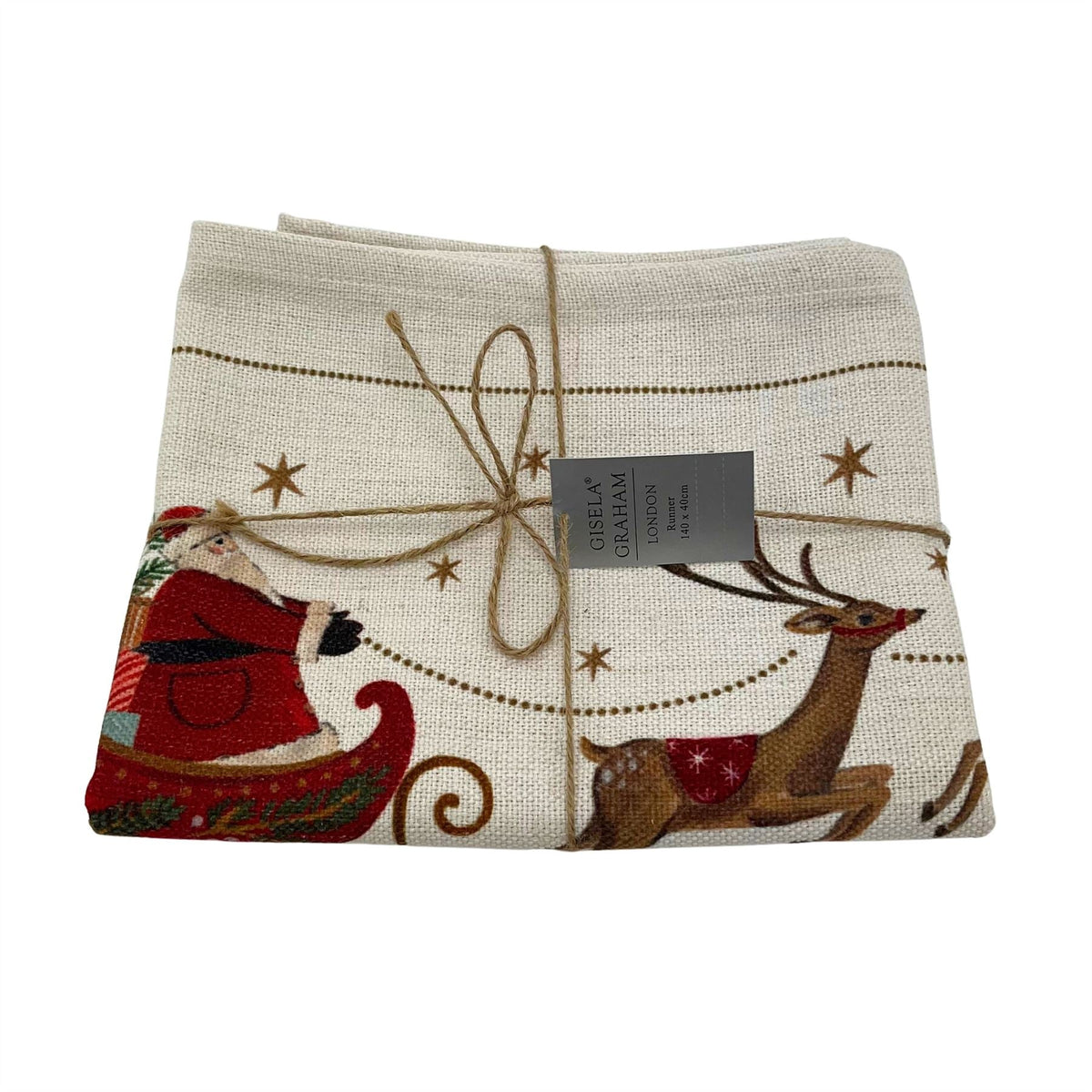 Santa's Sleigh Christmas Table Runner, Gisela Graham Festive Fabric 140cm x 40cm Table Runner - Tophatter Daily Deals