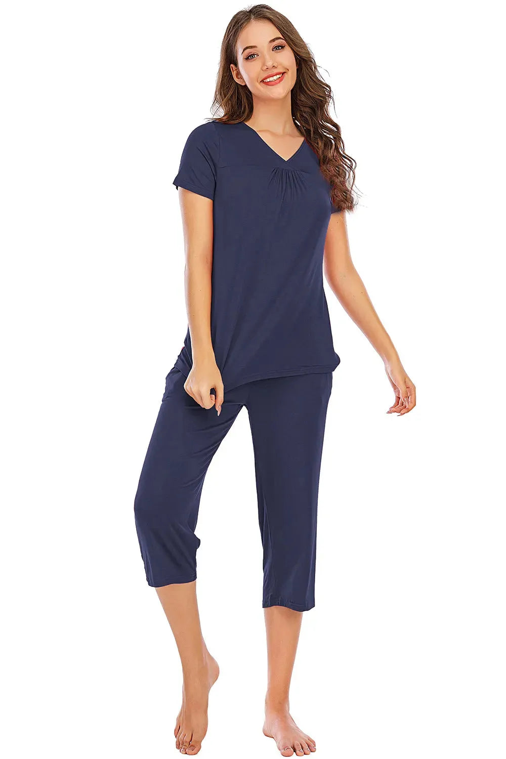 V-Neck Short Sleeve Top and Pants Lounge Set Loungewear Sets - Tophatter Daily Deals