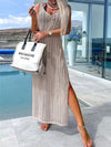 Openwork Slit Cutout Wide Strap Dress Beige Casual Dresses - Tophatter Daily Deals