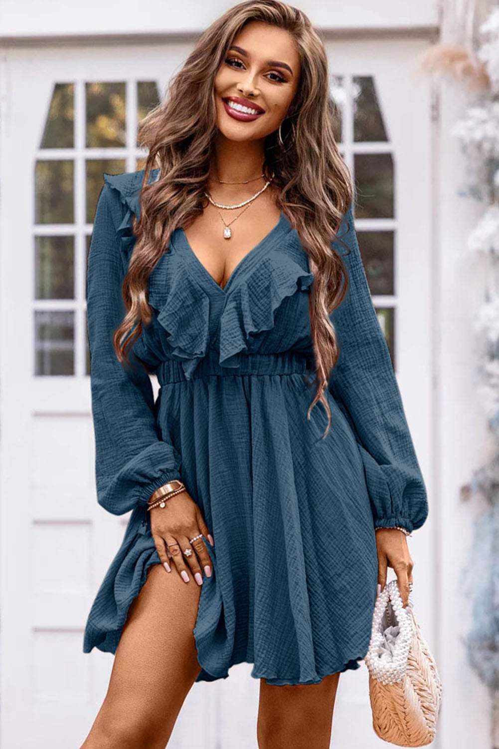 Ruffle Trim V-Neck Long Sleeve Mini Dress Casual Dresses - Tophatter Daily Deals